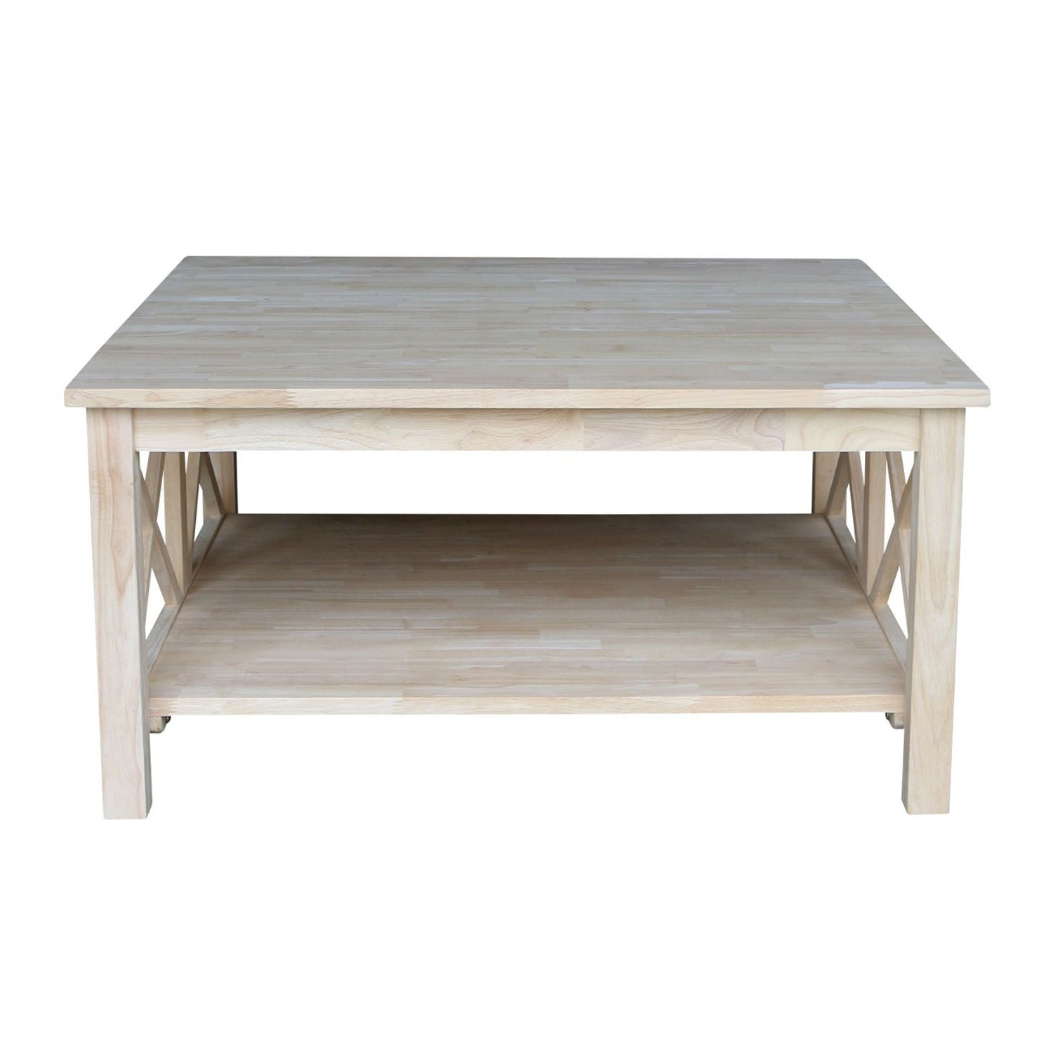 Square Unfinished Solid Wood Coffee Table with Bottom Shelf
